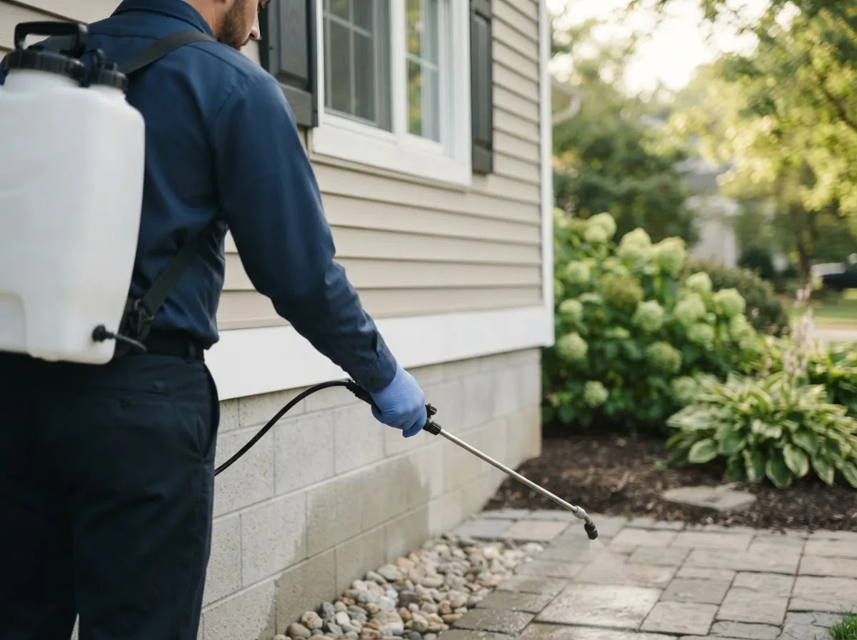 Pest control technician inspecting a home in Illiopolis, IL
